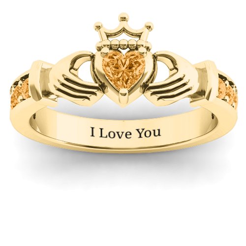 Classic Claddagh Heart Cut Ring with Accents – 18K Gold Plated Silver with Citrine