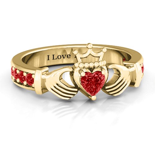 Classic Claddagh Heart Cut Ring with Accents – 18K Gold Plated Silver with Garnet