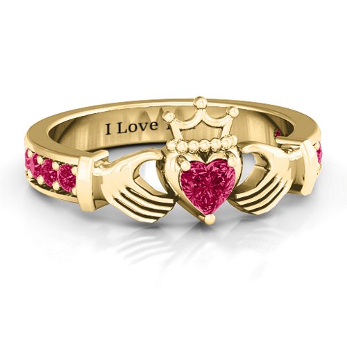 Classic Claddagh Heart Cut Ring with Accents – 18K Gold Plated Silver with Ruby
