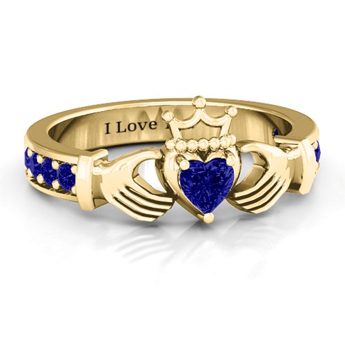 Classic Claddagh Heart Cut Ring with Accents – 18K Gold Plated Silver with Blue Sapphire