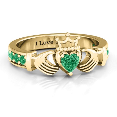 Classic Claddagh Heart Cut Ring with Accents – 18K Gold Plated Silver with Emerald