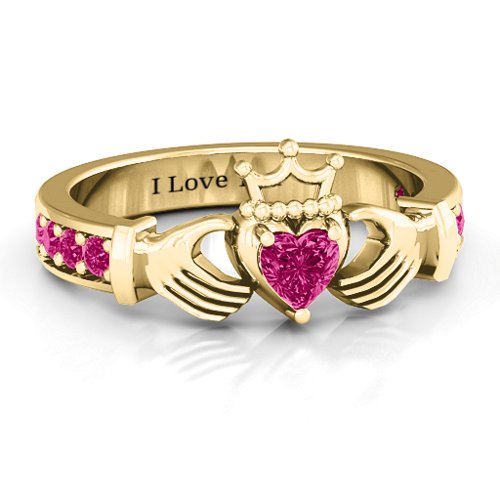 Classic Claddagh Heart Cut Ring with Accents – 18K Gold Plated Silver with Ruby