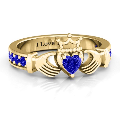 Classic Claddagh Heart Cut Ring with Accents – 18K Gold Plated Silver with Blue Sapphire
