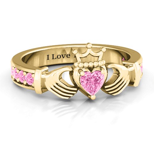 Classic Claddagh Heart Cut Ring with Accents – 18K Gold Plated Silver with Pink Tourmaline