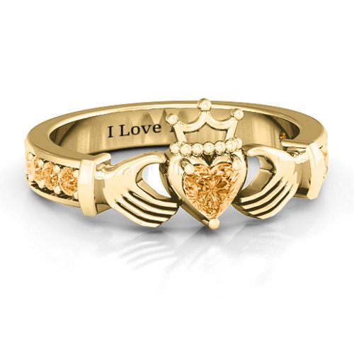 Classic Claddagh Heart Cut Ring with Accents – 18K Gold Plated Silver with Citrine