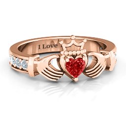 Classic Claddagh Heart Cut Ring with Accents in 10K Solid Rose Gold with Garnet and Cubic Zirconia