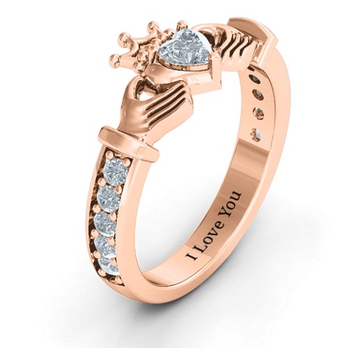 Classic Claddagh Heart Cut Ring with Accents – 10K Rose Gold with Cubic Zirconia