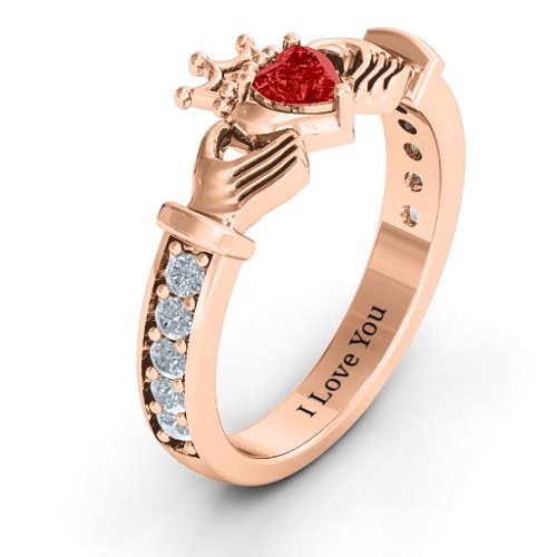Classic Claddagh Heart Cut Ring with Accents – 10K Rose Gold with Garnet and Cubic Zirconia