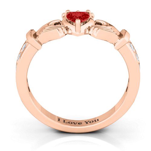 Classic Claddagh Heart Cut Ring with Accents – 10K Rose Gold with Garnet and Cubic Zirconia