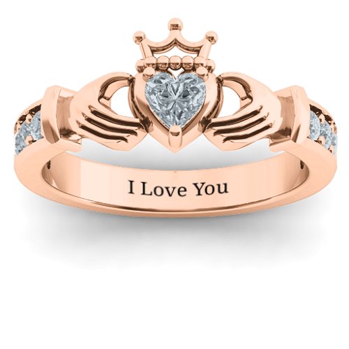 Classic Claddagh Heart Cut Ring with Accents – 10K Rose Gold with Cubic Zirconia