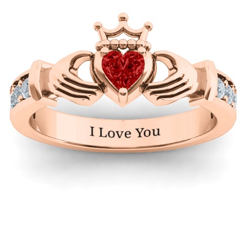 Classic Claddagh Heart Cut Ring with Accents – 10K Rose Gold with Garnet and Cubic Zirconia
