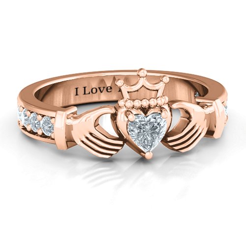 Classic Claddagh Heart Cut Ring with Accents – 10K Rose Gold with Cubic Zirconia