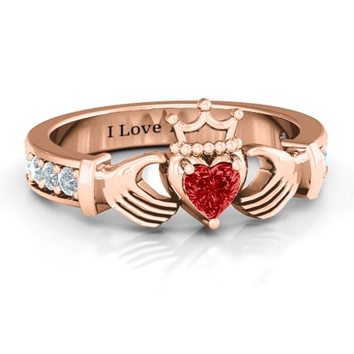 Classic Claddagh Heart Cut Ring with Accents – 10K Rose Gold with Garnet and Cubic Zirconia