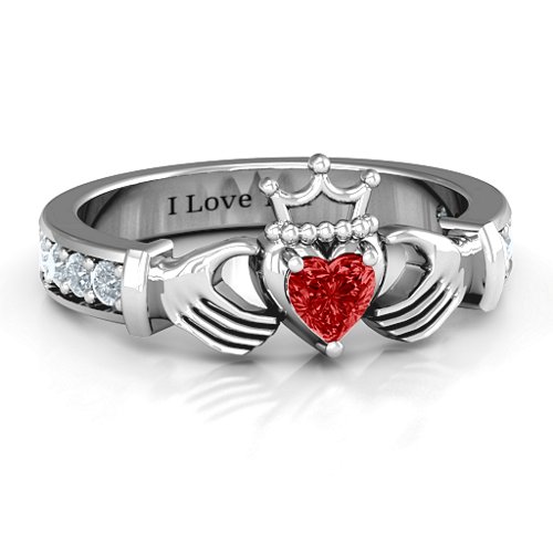 Classic Claddagh Heart Cut Ring with Accents – Sterling Silver with Garnet and Cubic Zirconia