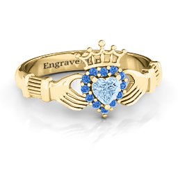 Claddagh with Halo Ring in 18K Gold Plated Silver with Aquamarine and Fancy Blue Premium Zirconia