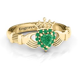 Claddagh with Halo Ring in 18K Gold Plated Silver with Emerald and Green Premium Zirconia