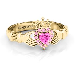 Claddagh with Halo Ring in 18K Gold Plated Silver with Pink Tourmaline and Fancy Pink Premium Zirconia