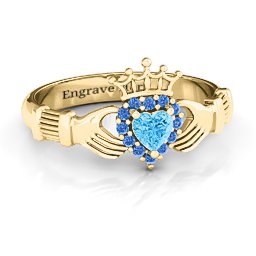 Claddagh with Halo Ring in 18K Gold Plated Silver with Blue Topaz and Fancy Blue Premium Zirconia