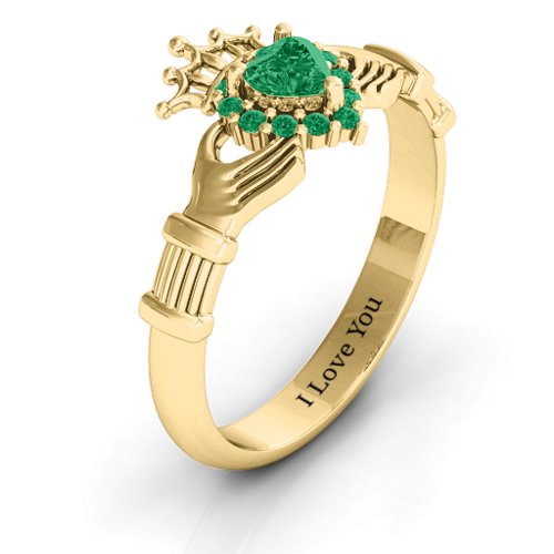 Claddagh with Halo Ring – 18K Gold Plated Silver with Emerald and Green Premium Zirconia