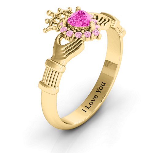 Claddagh with Halo Ring – 18K Gold Plated Silver with Pink Tourmaline and Fancy Pink Premium Zirconia