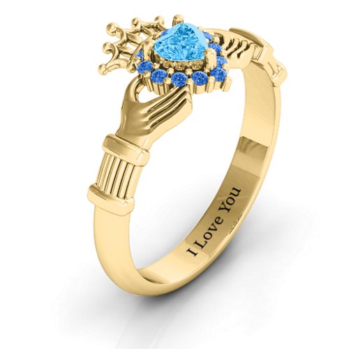 Claddagh with Halo Ring – 18K Gold Plated Silver with Blue Topaz and Fancy Blue Premium Zirconia