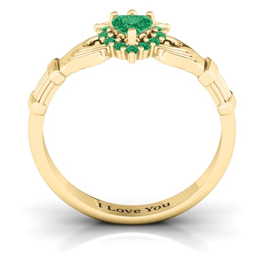 Claddagh with Halo Ring – 18K Gold Plated Silver with Emerald and Green Premium Zirconia