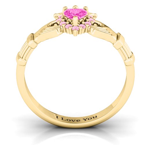 Claddagh with Halo Ring – 18K Gold Plated Silver with Pink Tourmaline and Fancy Pink Premium Zirconia