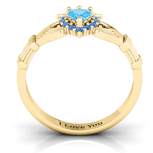 Claddagh with Halo Ring – 18K Gold Plated Silver with Blue Topaz and Fancy Blue Premium Zirconia