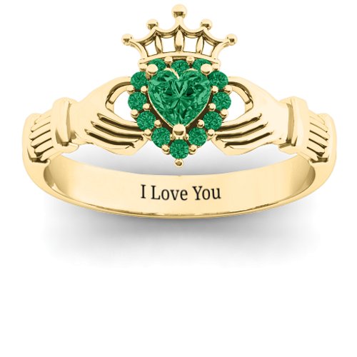 Claddagh with Halo Ring – 18K Gold Plated Silver with Emerald and Green Premium Zirconia