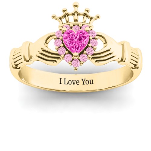 Claddagh with Halo Ring – 18K Gold Plated Silver with Pink Tourmaline and Fancy Pink Premium Zirconia