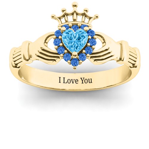 Claddagh with Halo Ring – 18K Gold Plated Silver with Blue Topaz and Fancy Blue Premium Zirconia