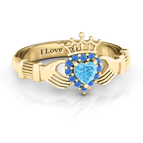 Claddagh with Halo Ring – 18K Gold Plated Silver with Blue Topaz and Fancy Blue Premium Zirconia