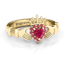 Claddagh with Halo Ring in 18K Gold Plated Silver with Ruby and Red Premium Zirconia
