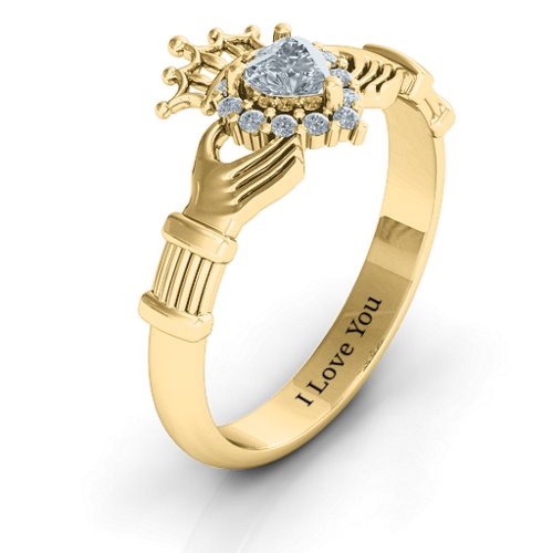 Claddagh with Halo Ring – 18K Gold Plated Silver with Diamond