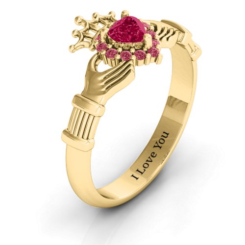 Claddagh with Halo Ring – 18K Gold Plated Silver with Ruby and Red Premium Zirconia