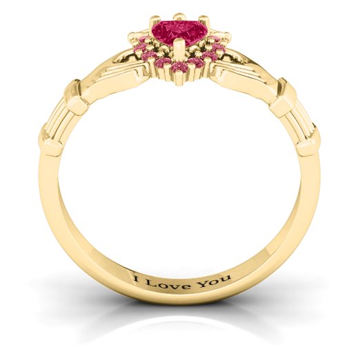 Claddagh with Halo Ring – 18K Gold Plated Silver with Ruby and Red Premium Zirconia