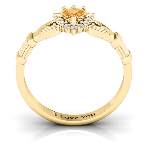 Claddagh with Halo Ring – 18K Gold Plated Silver with Citrine and White Premium Zirconia