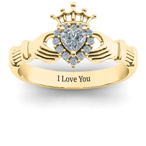 Claddagh with Halo Ring – 18K Gold Plated Silver with Diamond