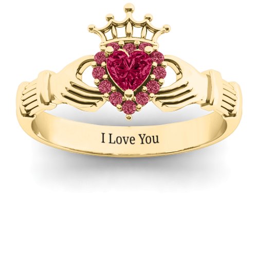 Claddagh with Halo Ring – 18K Gold Plated Silver with Ruby and Red Premium Zirconia