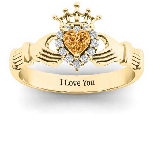 Claddagh with Halo Ring – 18K Gold Plated Silver with Citrine and White Premium Zirconia