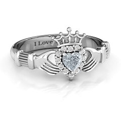 Claddagh with Halo Ring – 10K White Gold with Cubic Zirconia and White Premium Zirconia