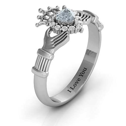 Claddagh with Halo Ring – 10K White Gold with Cubic Zirconia and White Premium Zirconia