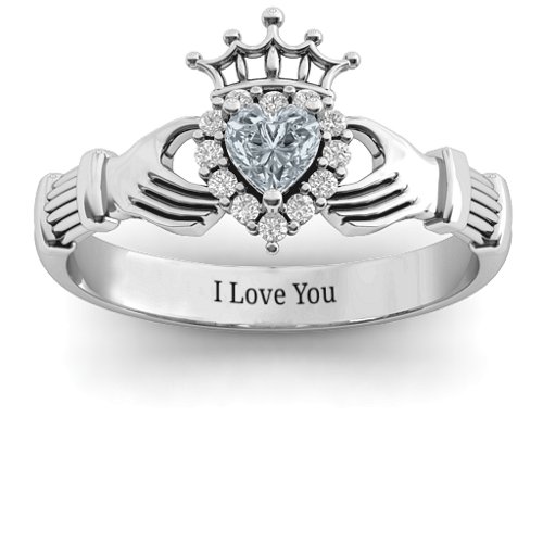 Claddagh with Halo Ring – 10K White Gold with Cubic Zirconia and White Premium Zirconia