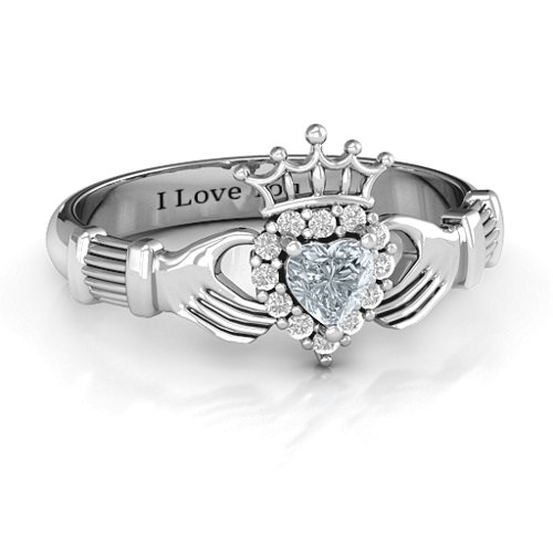 Claddagh with Halo Ring – 10K White Gold with Cubic Zirconia and White Premium Zirconia