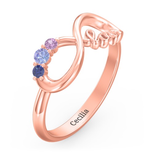 Birthstone Infinity Love Ring – 10K Rose Gold with Tanzanite, Blue Sapphire, and Amethyst