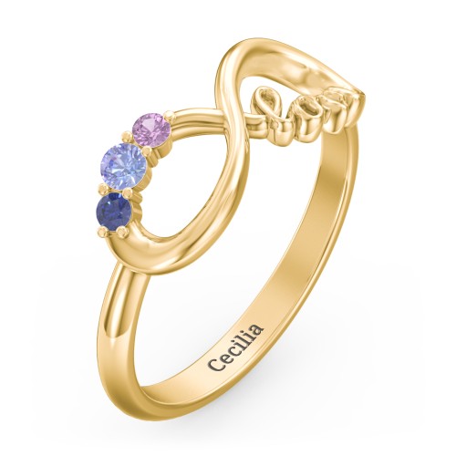 Birthstone Infinity Love Ring – 10K Yellow Gold with Tanzanite, Blue Sapphire, and Amethyst