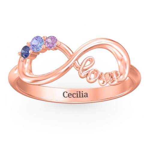 Birthstone Infinity Love Ring – 10K Rose Gold with Tanzanite, Blue Sapphire, and Amethyst
