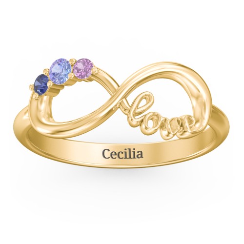 Birthstone Infinity Love Ring – 10K Yellow Gold with Tanzanite, Blue Sapphire, and Amethyst