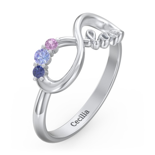 Birthstone Infinity Love Ring – Sterling Silver with Tanzanite, Blue Sapphire, and Amethyst