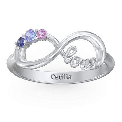 Birthstone Infinity Love Ring – Sterling Silver with Tanzanite, Blue Sapphire, and Amethyst